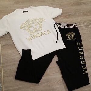 Versace White and Black Medusa Logo Knit Set with Gold Details